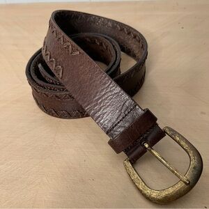 Brown Leather Belt with Brass Buckle and Zigzag Stitch design 1.5" XL